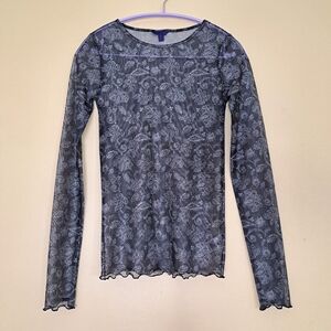 Aeropostale Sheer Black Mesh Long Sleeved Top With Floral Paisley Print